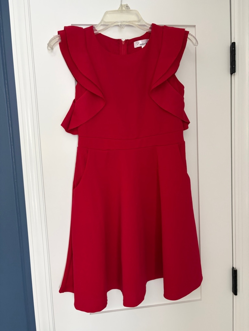 Bright Red Ruffle-Shoulder Girls Formal Dress